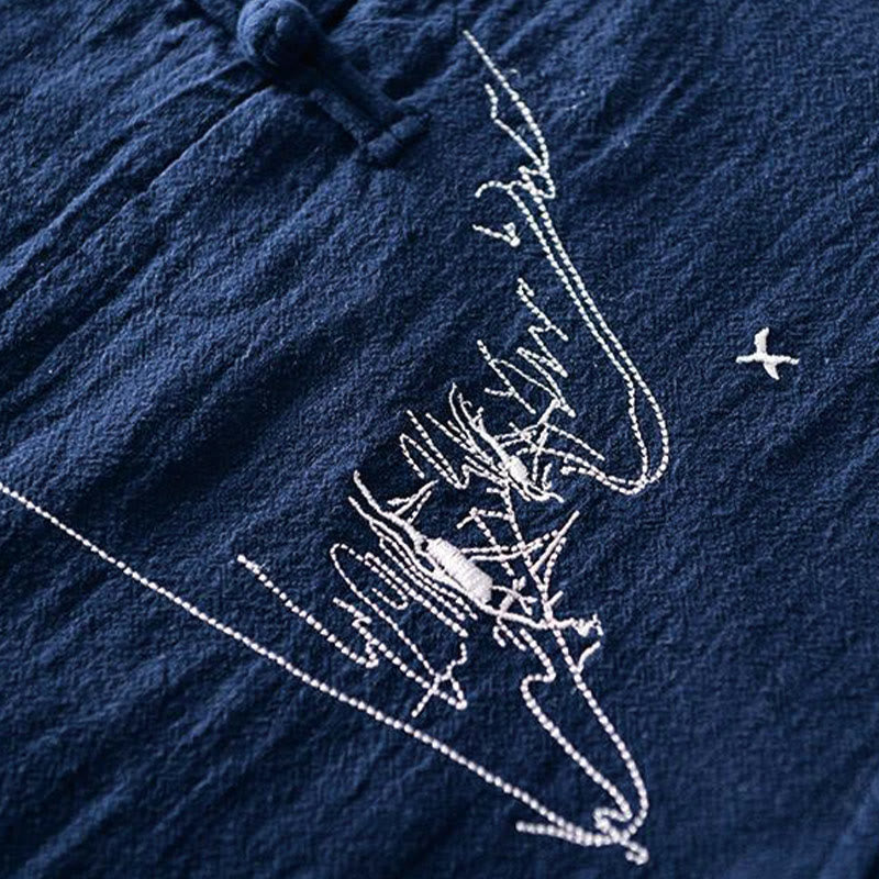 Chemise homme en coton et lin à manches courtes et col mandarin avec broderie Buddha Stones - image 3