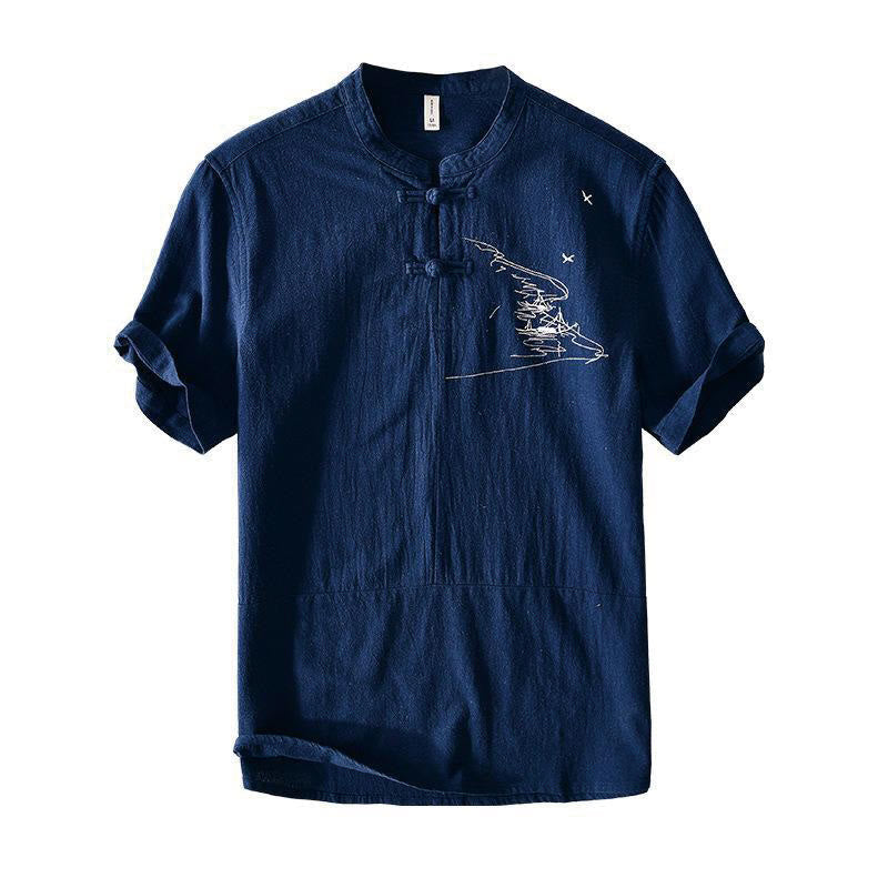 Chemise homme en coton et lin à manches courtes et col mandarin avec broderie Buddha Stones - image 9