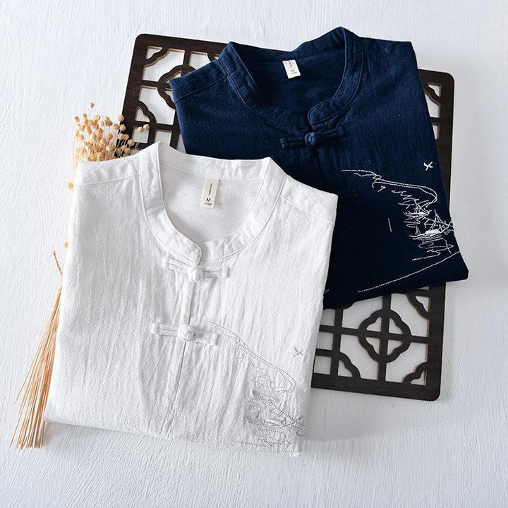 Chemise homme en coton et lin à manches courtes et col mandarin avec broderie Buddha Stones - image 19