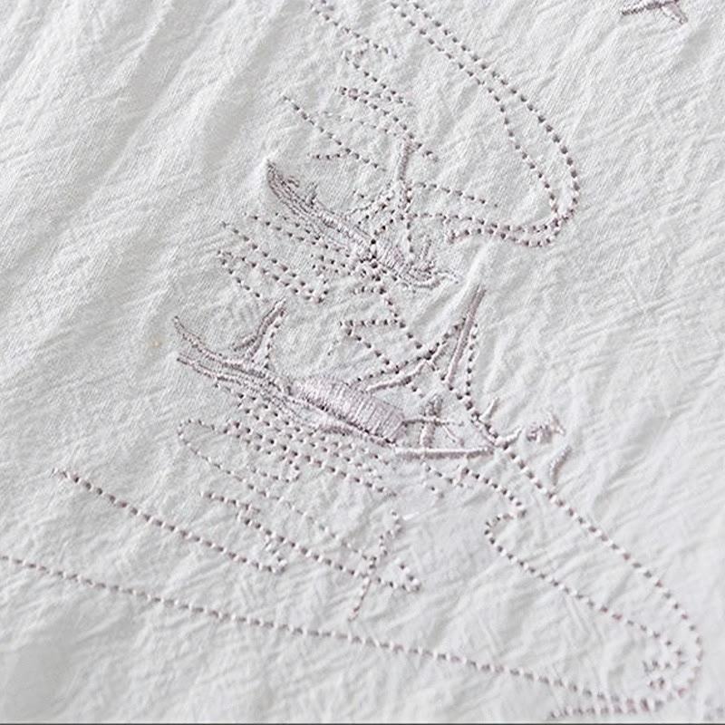 Chemise homme en coton et lin à manches courtes et col mandarin avec broderie Buddha Stones - image 14