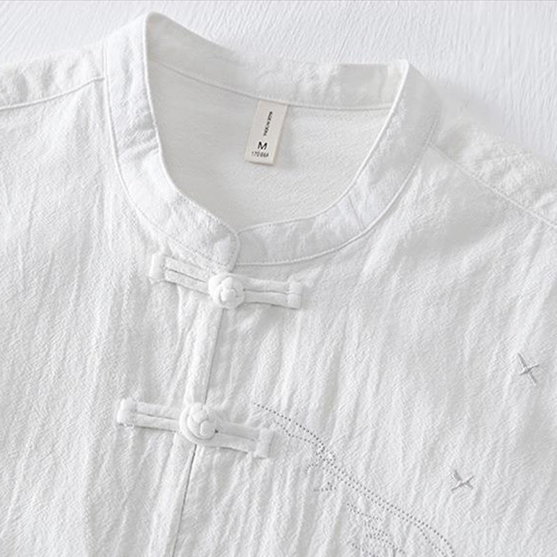 Chemise homme en coton et lin à manches courtes et col mandarin avec broderie Buddha Stones - image 12