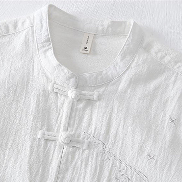 Chemise homme en coton et lin à manches courtes et col mandarin avec broderie Buddha Stones - image 12