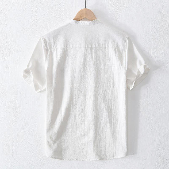 Chemise homme en coton et lin à manches courtes et col mandarin avec broderie Buddha Stones - image 11