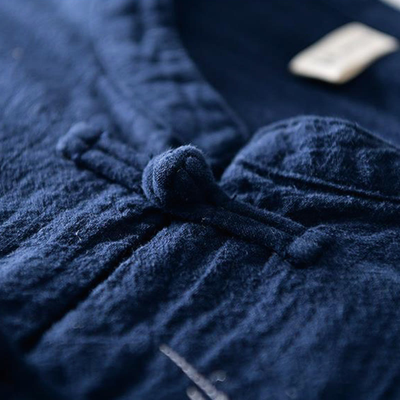 Chemise homme en coton et lin à manches courtes et col mandarin avec broderie Buddha Stones - image 2