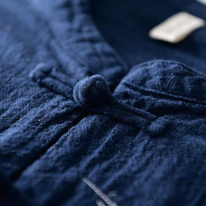 Chemise homme en coton et lin à manches courtes et col mandarin avec broderie Buddha Stones - image 2