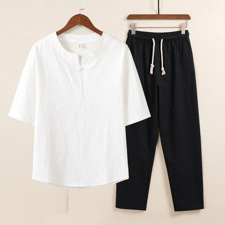Ensemble 2 pièces de méditation pour homme, chemise chinoise à boutons et cordon de serrage, pantalon large avec poches, motif Buddha Stones - Chemise blanche Pantalon noir - US/UK/AU46，EU56 (5XL) - image 3