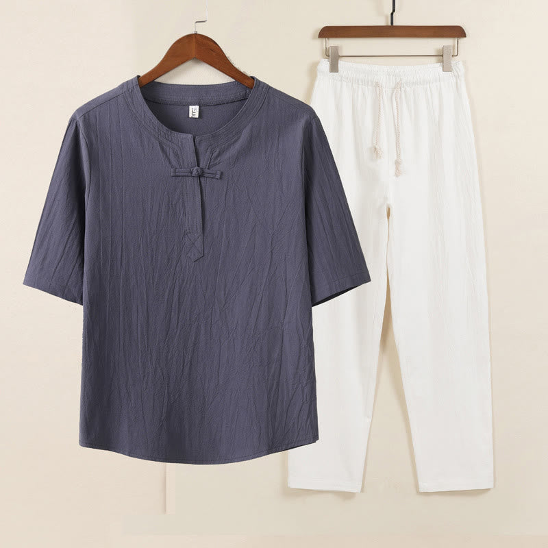 Ensemble 2 pièces de méditation pour homme, chemise chinoise à boutons et cordon de serrage, pantalon large avec poches, motif Buddha Stones - Chemise grise Pantalon blanc - US/UK/AU46，EU56 (5XL) - image 5