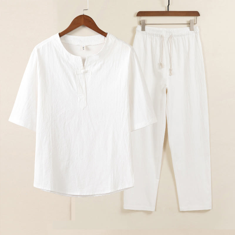 Ensemble 2 pièces de méditation pour homme, chemise chinoise à boutons et cordon de serrage, pantalon large avec poches, motif Buddha Stones - Chemise blanche Pantalon blanc - US/UK/AU46，EU56 (5XL) - image 1