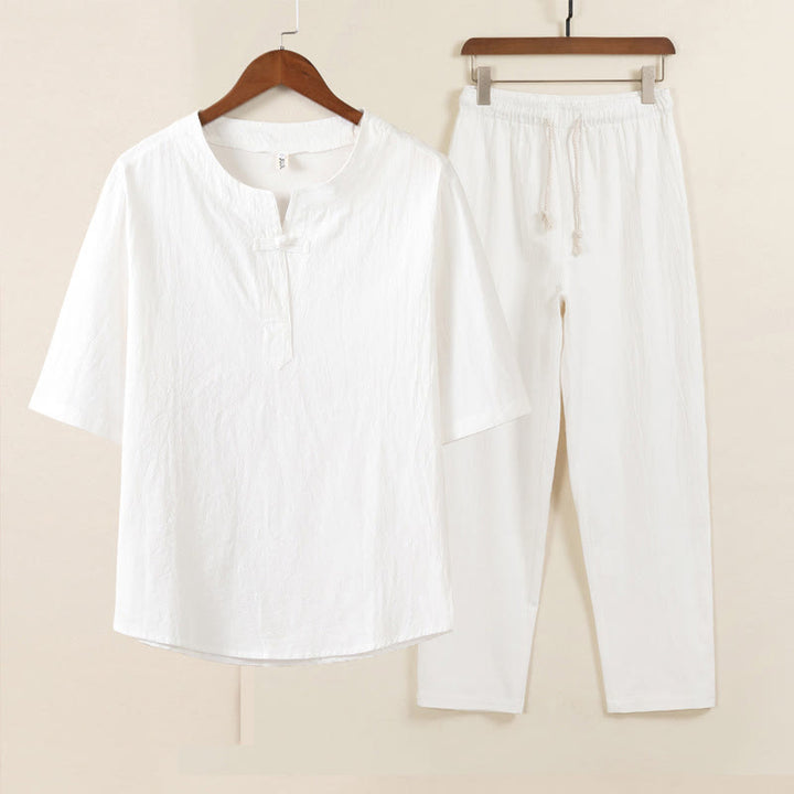 Ensemble 2 pièces de méditation pour homme, chemise chinoise à boutons et cordon de serrage, pantalon large avec poches, motif Buddha Stones - Chemise blanche Pantalon blanc - US/UK/AU46，EU56 (5XL) - image 1