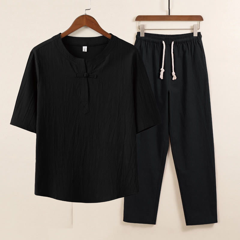 Ensemble 2 pièces de méditation pour homme, chemise chinoise à boutons et cordon de serrage, pantalon large avec poches, motif Buddha Stones - Chemise noire Pantalon noir - US/UK/AU46，EU56 (5XL) - image 2
