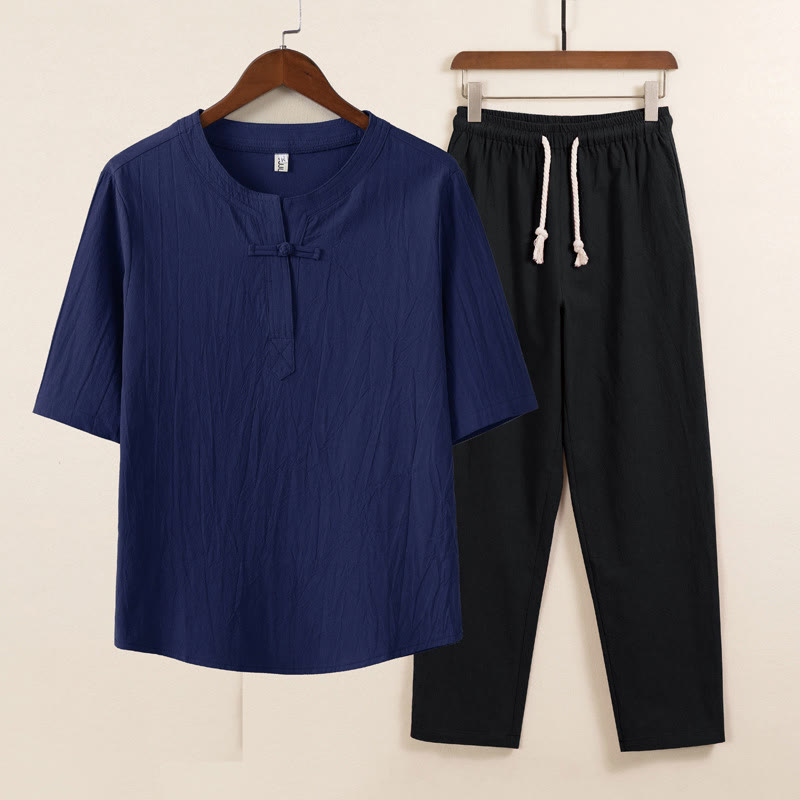 Ensemble 2 pièces de méditation pour homme, chemise chinoise à boutons et cordon de serrage, pantalon large avec poches, motif Buddha Stones - Chemise bleue Pantalon noir - US/UK/AU46，EU56 (5XL) - image 6