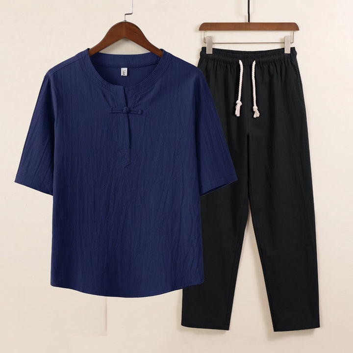 Ensemble 2 pièces de méditation pour homme, chemise chinoise à boutons et cordon de serrage, pantalon large avec poches, motif Buddha Stones - Chemise bleue Pantalon noir - US/UK/AU46，EU56 (5XL) - image 6