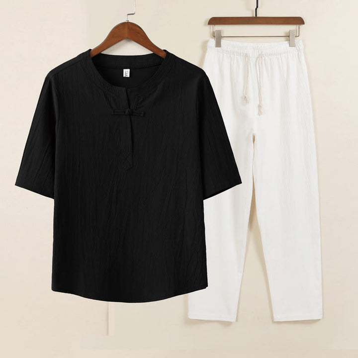 Ensemble 2 pièces de méditation pour homme, chemise chinoise à boutons et cordon de serrage, pantalon large avec poches, motif Buddha Stones - Chemise noire et pantalon blanc - US/UK/AU46，EU56 (5XL) - image 4