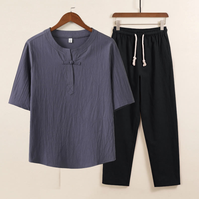 Ensemble 2 pièces de méditation pour homme, chemise chinoise à boutons et cordon de serrage, pantalon large avec poches, motif Buddha Stones - Chemise grise Pantalon noir - US/UK/AU46，EU56 (5XL) - image 0
