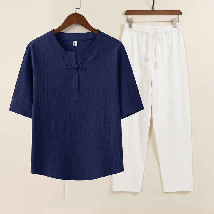 Ensemble 2 pièces de méditation pour homme, chemise chinoise à boutons et cordon de serrage, pantalon large avec poches, motif Buddha Stones - Chemise bleue Pantalon blanc - US/UK/AU46，EU56 (5XL) - image 7