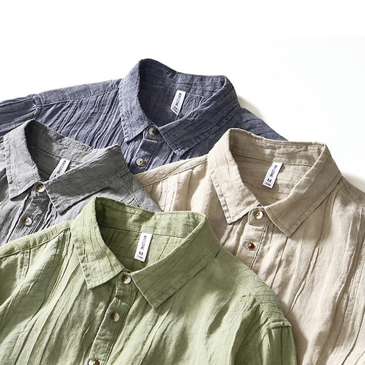 Chemise décontractée à revers uni en lin ramie et demi-bouton pour homme Buddha Stones