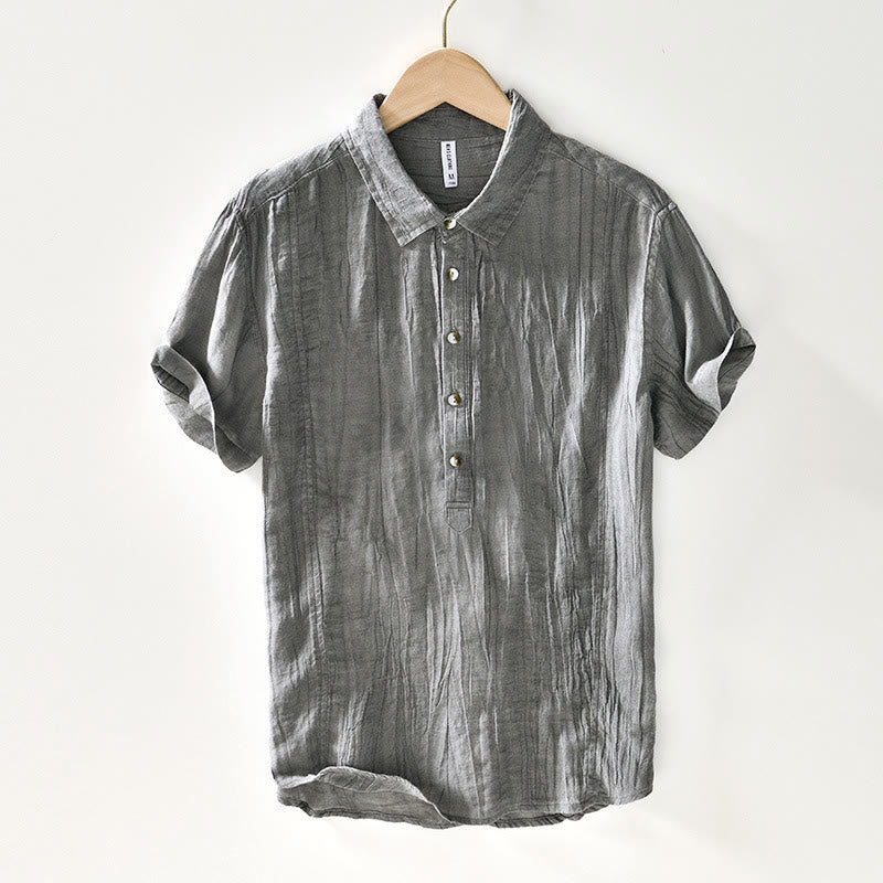 Chemise décontractée à revers uni en lin ramie et demi-bouton pour homme Buddha Stones