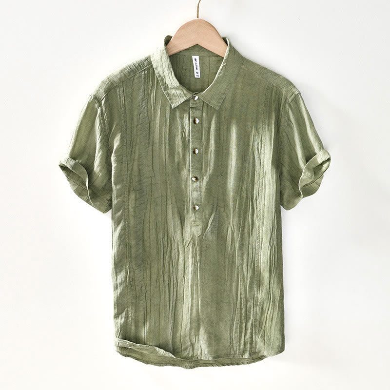 Chemise décontractée à revers uni en lin ramie et demi-bouton pour homme Buddha Stones