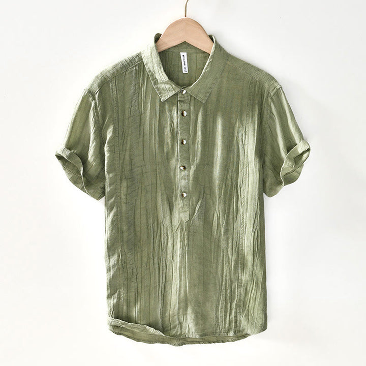 Chemise décontractée à revers uni en lin ramie et demi-bouton pour homme Buddha Stones