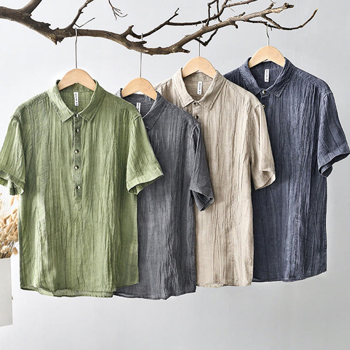 Chemise décontractée à revers uni en lin ramie et demi-bouton pour homme Buddha Stones