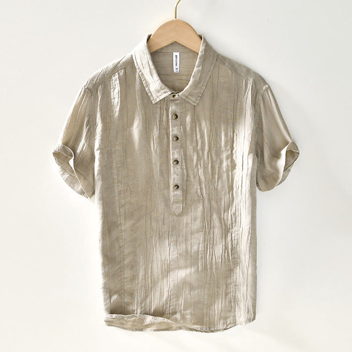 Chemise décontractée à revers uni en lin ramie et demi-bouton pour homme Buddha Stones