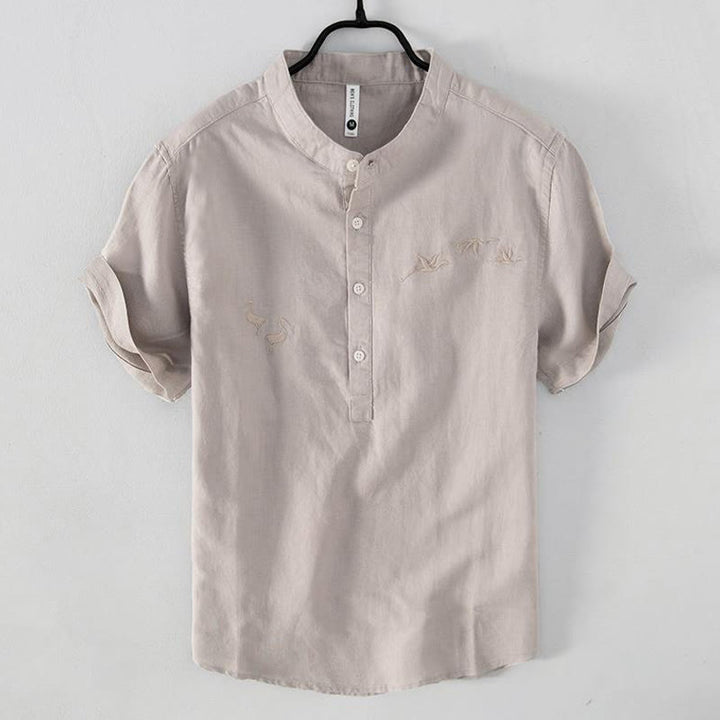 Chemise homme à col montant, broderie douce et motif Buddha Stones, en coton et lin, demi-bouton