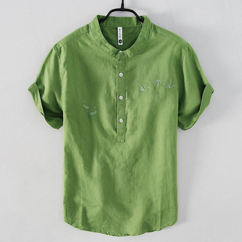 Chemise homme à col montant, broderie douce et motif Buddha Stones, en coton et lin, demi-bouton