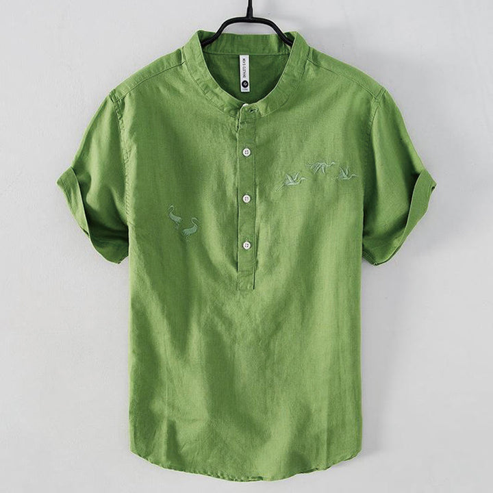 Chemise homme à col montant, broderie douce et motif Buddha Stones, en coton et lin, demi-bouton