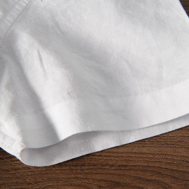 Chemise homme à col montant, broderie douce et motif Buddha Stones, en coton et lin, demi-bouton