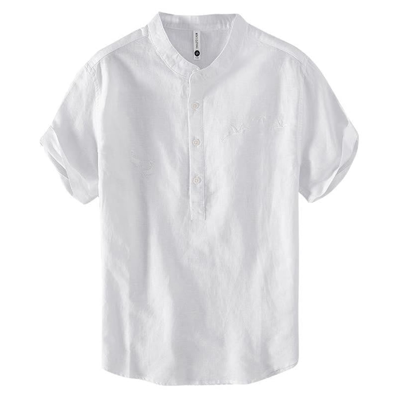 Chemise homme à col montant, broderie douce et motif Buddha Stones, en coton et lin, demi-bouton
