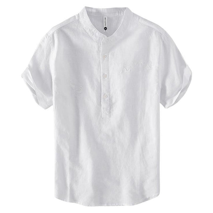 Chemise homme à col montant, broderie douce et motif Buddha Stones, en coton et lin, demi-bouton