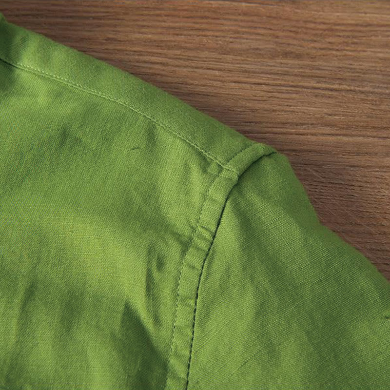 Chemise homme à col montant, broderie douce et motif Buddha Stones, en coton et lin, demi-bouton