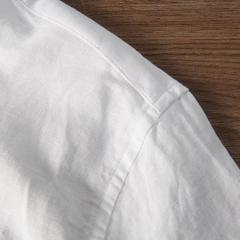 Chemise homme à col montant, broderie douce et motif Buddha Stones, en coton et lin, demi-bouton