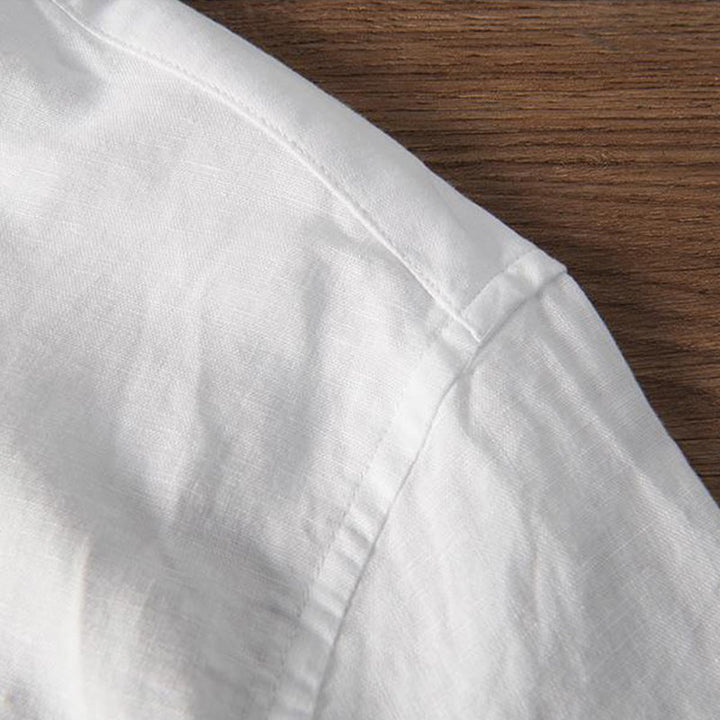 Chemise homme à col montant, broderie douce et motif Buddha Stones, en coton et lin, demi-bouton