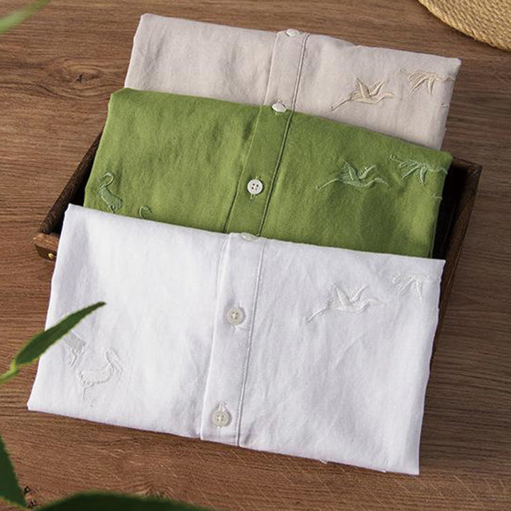 Chemise homme à col montant, broderie douce et motif Buddha Stones, en coton et lin, demi-bouton