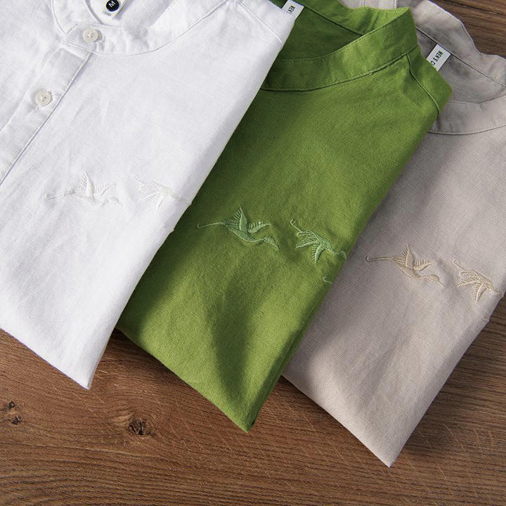 Chemise homme à col montant, broderie douce et motif Buddha Stones, en coton et lin, demi-bouton