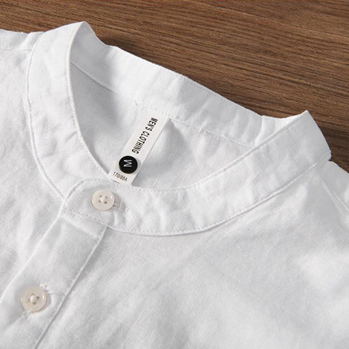 Chemise homme à col montant, broderie douce et motif Buddha Stones, en coton et lin, demi-bouton