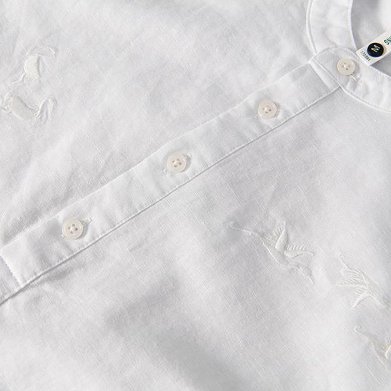 Chemise homme à col montant, broderie douce et motif Buddha Stones, en coton et lin, demi-bouton