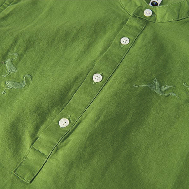 Chemise homme à col montant, broderie douce et motif Buddha Stones, en coton et lin, demi-bouton