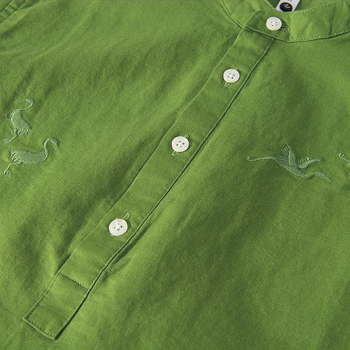 Chemise homme à col montant, broderie douce et motif Buddha Stones, en coton et lin, demi-bouton