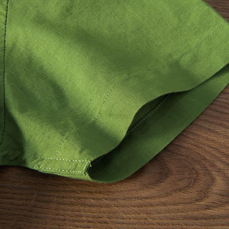 Chemise homme à col montant, broderie douce et motif Buddha Stones, en coton et lin, demi-bouton