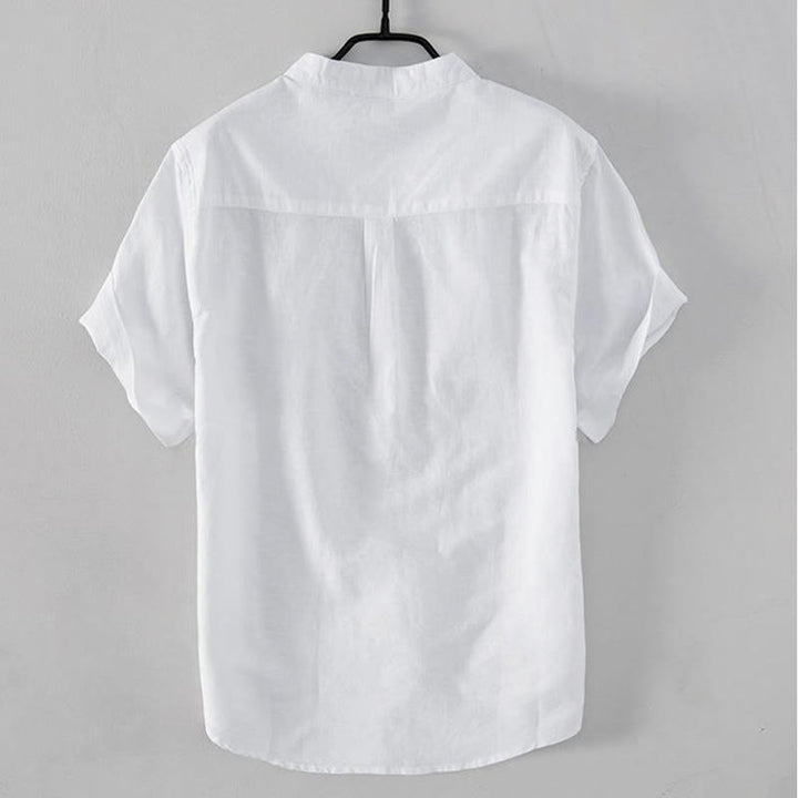 Chemise homme à col montant, broderie douce et motif Buddha Stones, en coton et lin, demi-bouton