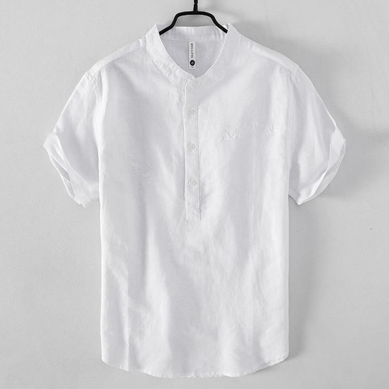 Chemise homme à col montant, broderie douce et motif Buddha Stones, en coton et lin, demi-bouton