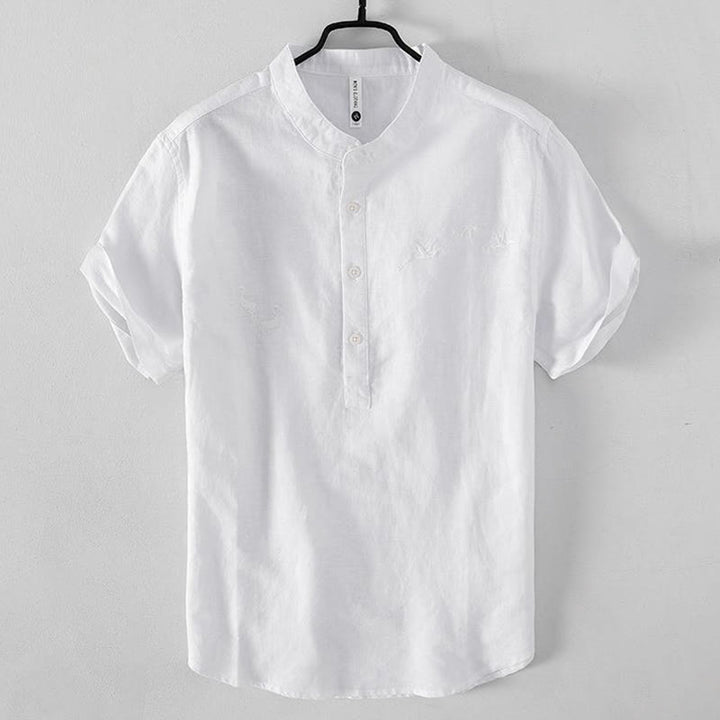 Chemise homme à col montant, broderie douce et motif Buddha Stones, en coton et lin, demi-bouton