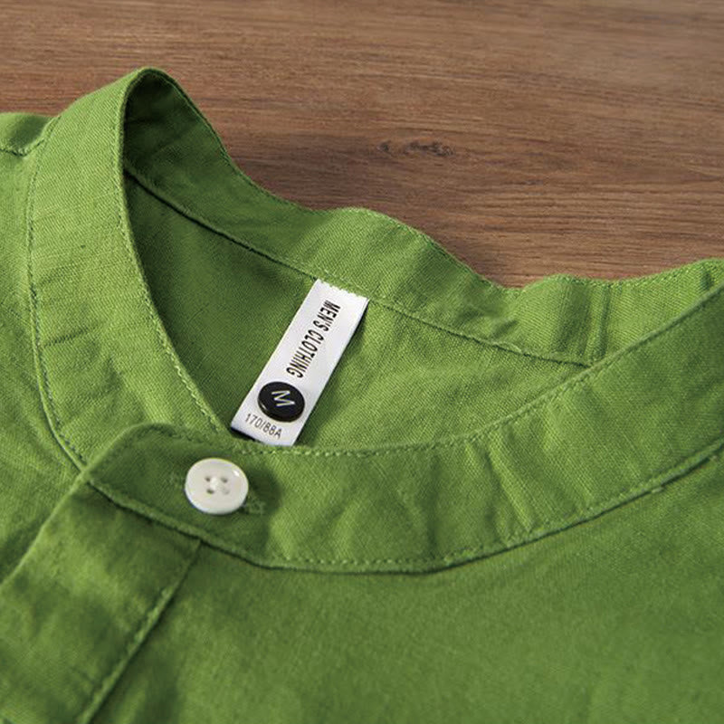 Chemise homme à col montant, broderie douce et motif Buddha Stones, en coton et lin, demi-bouton