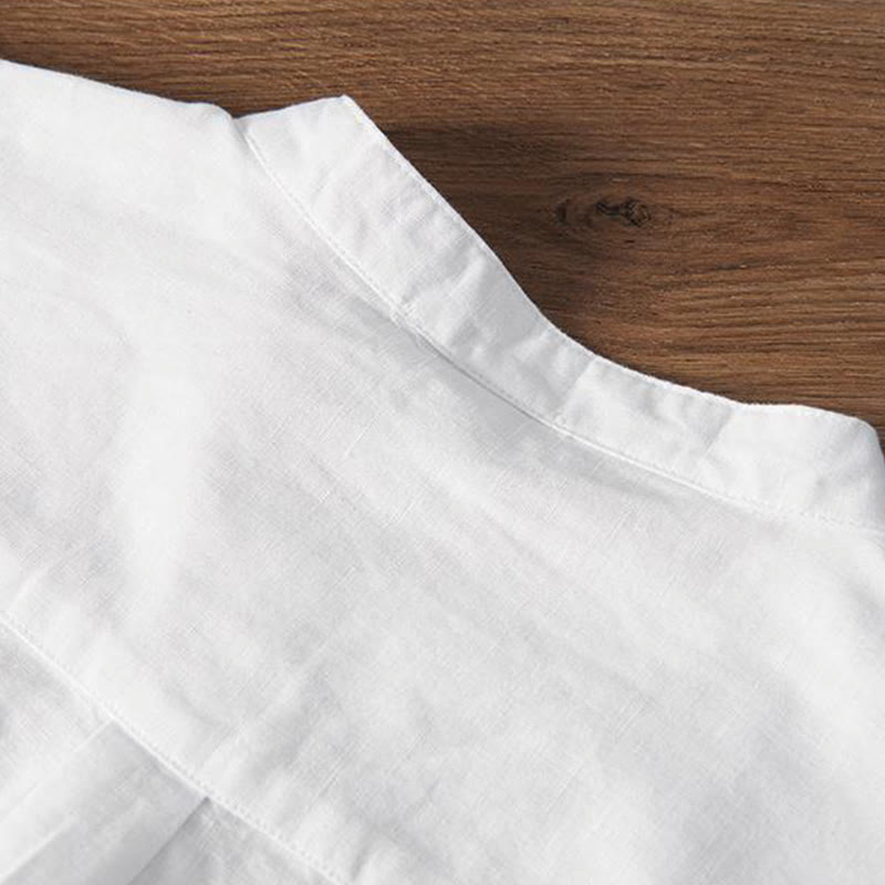 Chemise homme à col montant, broderie douce et motif Buddha Stones, en coton et lin, demi-bouton