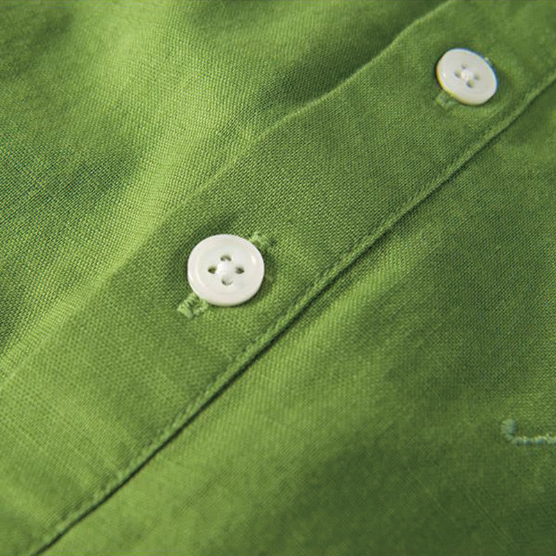 Chemise homme à col montant, broderie douce et motif Buddha Stones, en coton et lin, demi-bouton