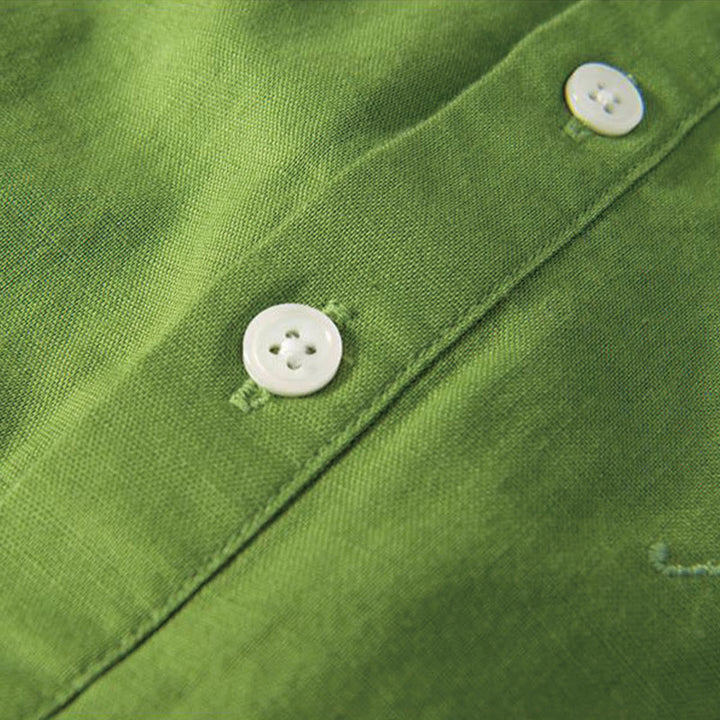 Chemise homme à col montant, broderie douce et motif Buddha Stones, en coton et lin, demi-bouton