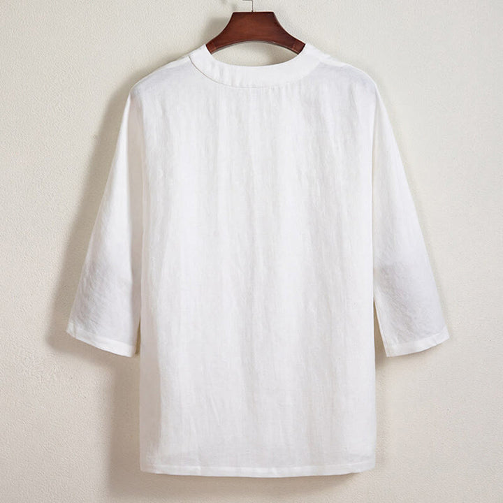 Chemise homme en lin blanc à manches trois-quarts et boutons grenouille Buddha Stones