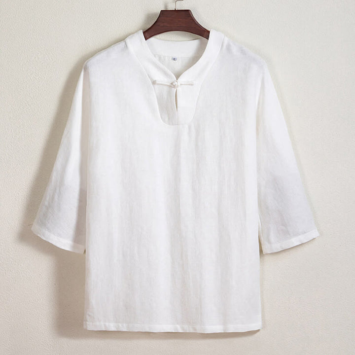 Chemise homme en lin blanc à manches trois-quarts et boutons grenouille Buddha Stones
